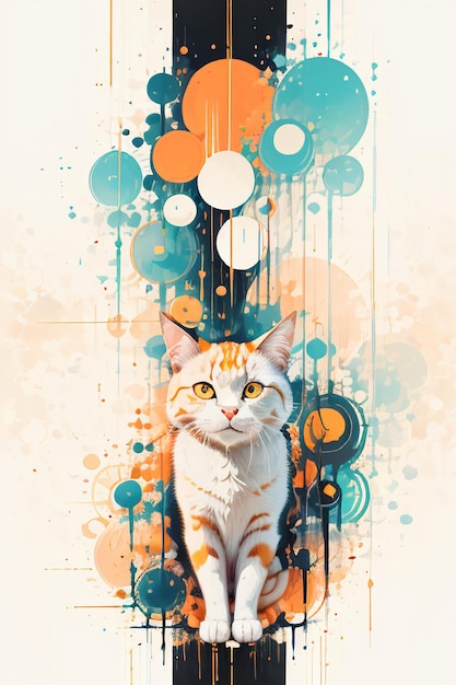 Foto ilustración de fondo de papel tapiz con efecto de salpicadura de manchas coloridas de cabeza de gato mascota realista linda