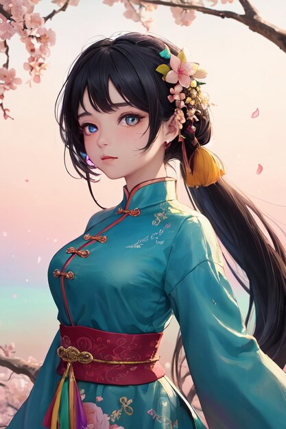 Ilustración de fondo de papel tapiz de niña hermosa traje de cheongsam de estilo chino de anime de dibujos animados lindo