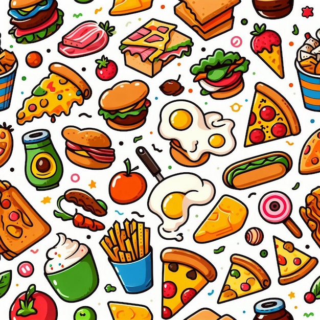 Ilustración de fondo de patrón de alimentos sin costuras tomates de frutas y verduras frescas y saludables orgánicos naturales