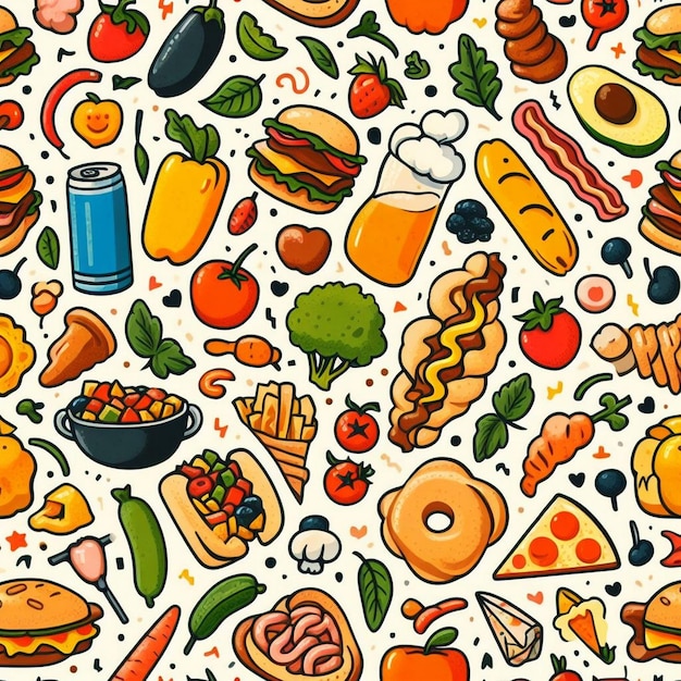 Foto ilustración de fondo de patrón de alimentos sin costuras tomates de frutas y verduras frescas y saludables orgánicos naturales