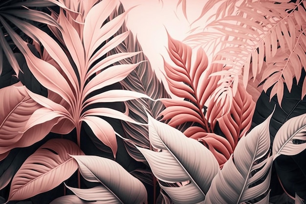 Ilustración de fondo de patrón floral de hojas de palma rosa tropical
