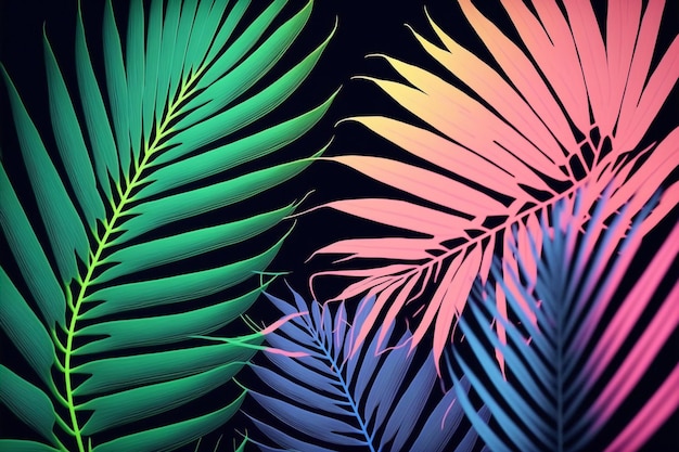 Ilustración de fondo de patrón floral de hojas de palma verde iridiscente de neón tropical