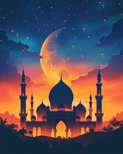 Ilustración del fondo de Ramadan Kareem con mezquita y luna llena