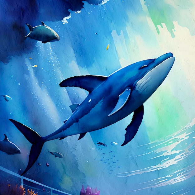 Ilustración de fondo de reproducción artística de pintura de ballena de acuarela