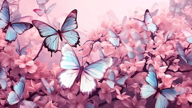 Ilustración de un fondo rosado con mariposas de colores revoloteando con gracia Generativo ai