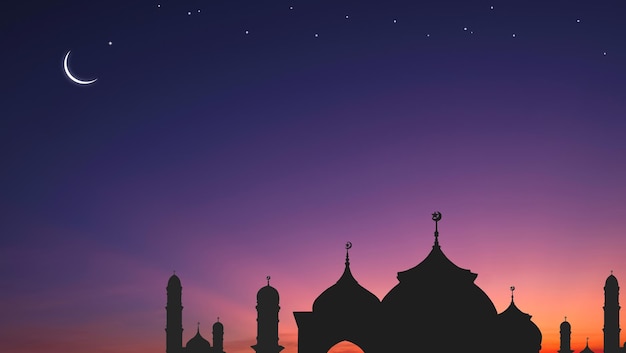 Ilustración de fondo de silueta de las cúpulas de la mezquita y la media luna con estrellas en el cielo nocturno