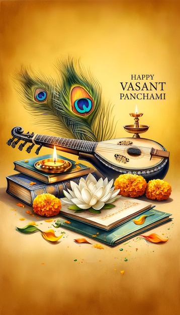 Foto ilustración de fondo de vasant panchami con veena y decoración