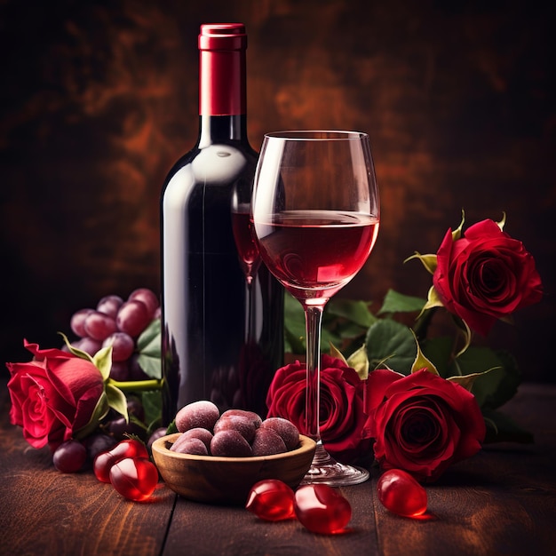 Ilustración del fondo del vino y el corazón de rosas de San Valentín