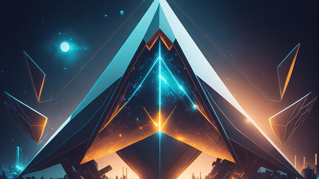 Ilustración de forma triangular con luces futuristas de ciencia ficción y techno