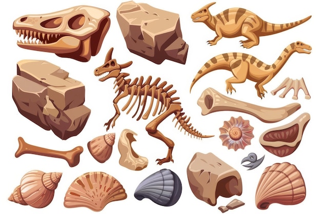 Ilustración de fósiles de dinosaurios en secciones de piedra enterradas conchas de caracol hallazgos paleontológicos secciones de roca aisladas con huesos fósiles de reptiles prehistóricos y amonita