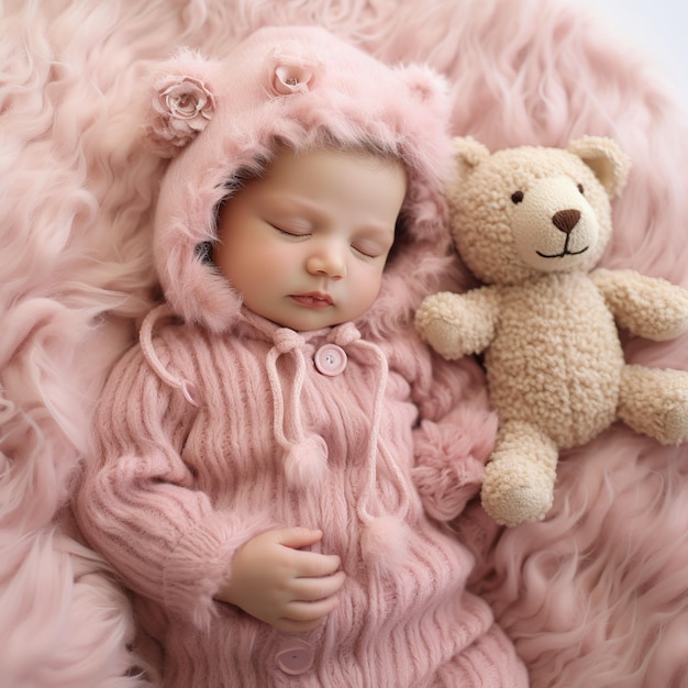 Ilustración de una foto editorial de una linda niña recién nacida durmiendo en rosa