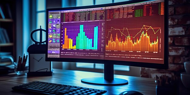 Ilustración de foto generativa de IA generada por IA de gráficos de datos financieros, acciones de marketing, arte gráfico