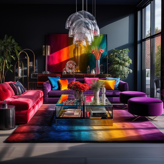 Ilustración de foto real perfecta sala de estar moderna gran angular