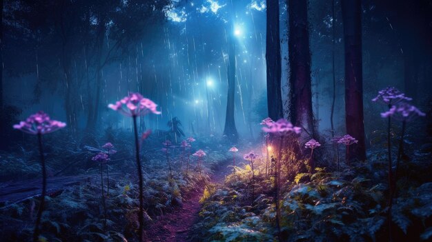 Ilustración fotográfica de un bosque encantado que brilla por la noche iluminado por flora y fauna luminescentes