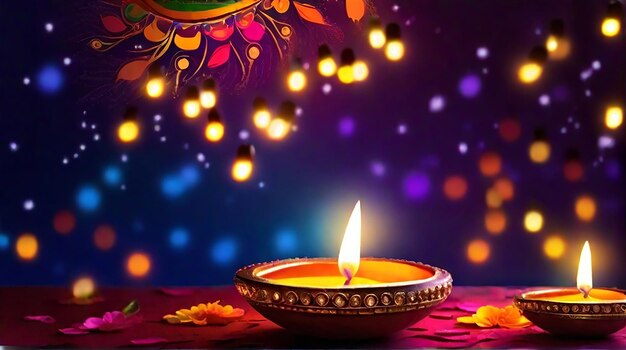 Foto ilustración fotográfica gratuita del festival quemando diya en el fondo de la feliz celebración de diwali