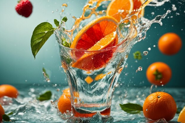 Ilustración fotográfica de naranja con una salpicadura de agua