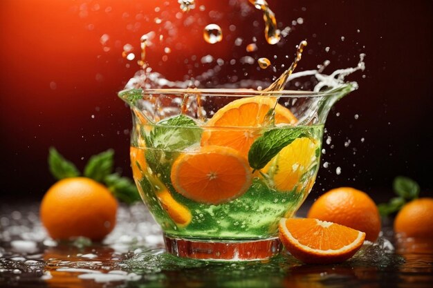 Ilustración fotográfica de naranja con una salpicadura de agua