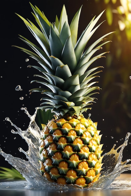 Ilustración fotográfica de piña con un chorrito de agua.