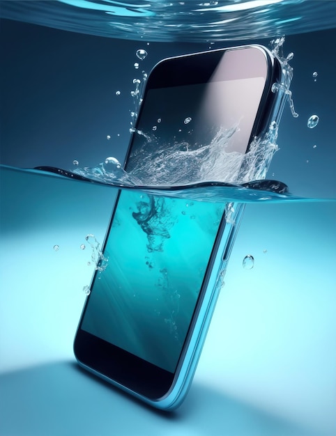 Ilustración fotorrealista de Aqua Tech de un teléfono inteligente sumergido en agua