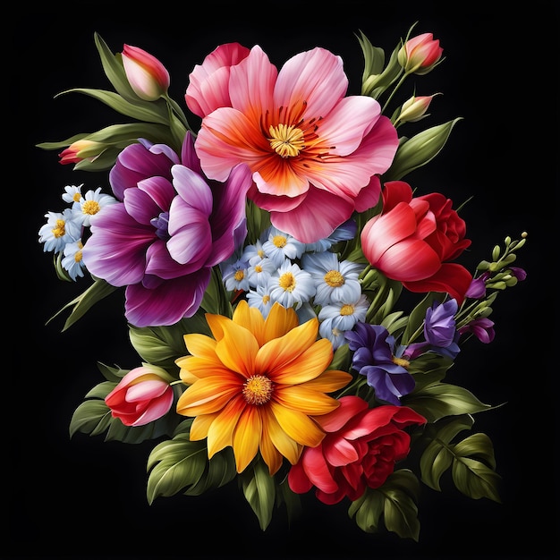 Ilustración fotorrealista digital de un ramo de flores pintado