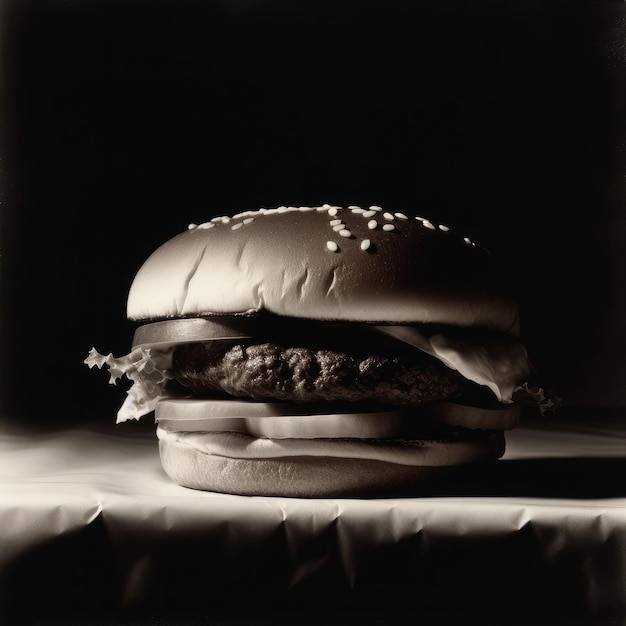 Ilustración fotorrealista de hamburguesa jugosa sobre fondo abstracto