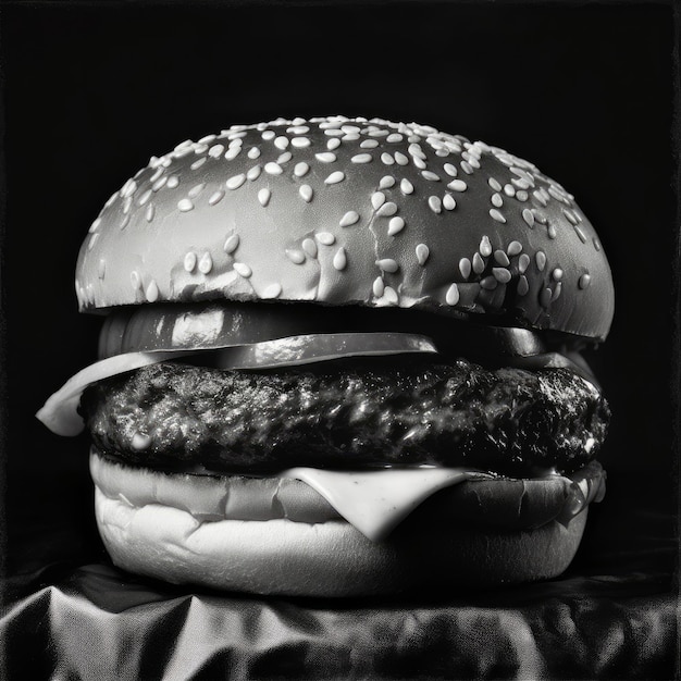 Ilustración fotorrealista de hamburguesa jugosa sobre fondo abstracto