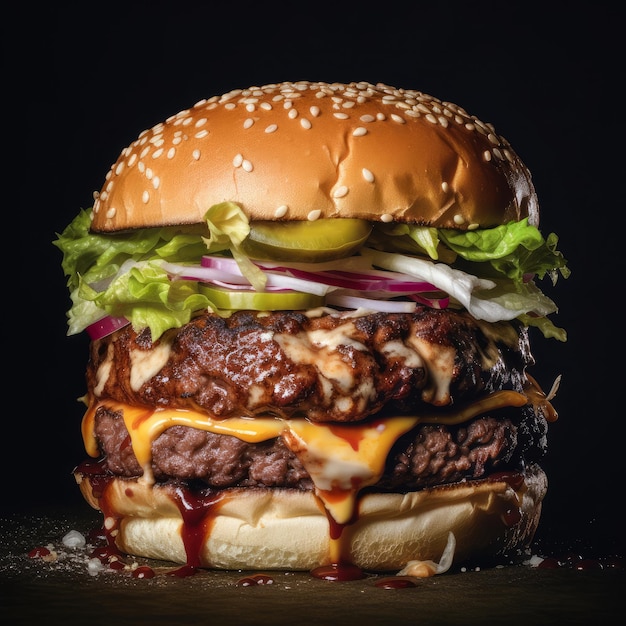 Ilustración fotorrealista de hamburguesa jugosa sobre fondo abstracto