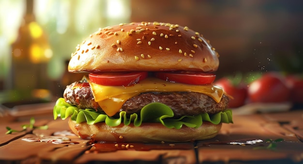 Ilustración fotorrealista de hamburguesas caseras carne deliciosa queso tomates y lechuga