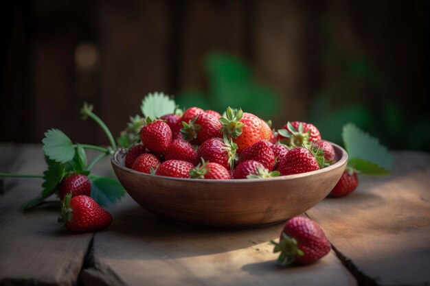 Foto ilustración fresas en un cuenco en una mesa de madera ai generativo