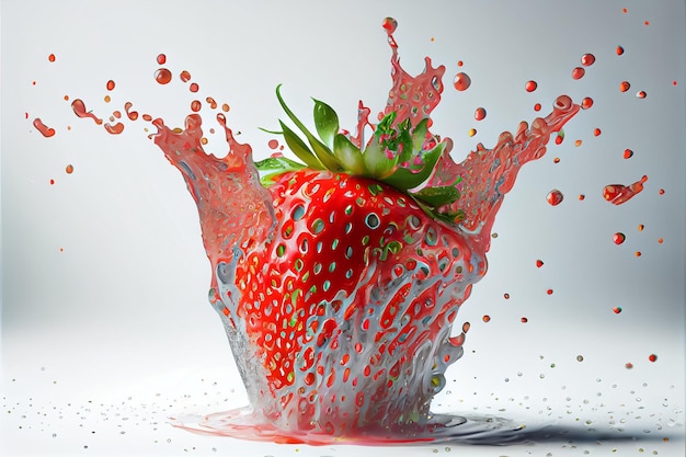 Ilustración de fruta fresca de fresa con salpicaduras de agua sobre fondo blanco.