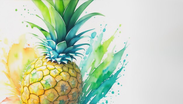 Foto ilustración de la fruta de la piña madura con hojas verdes y salpicaduras de pintura de colores