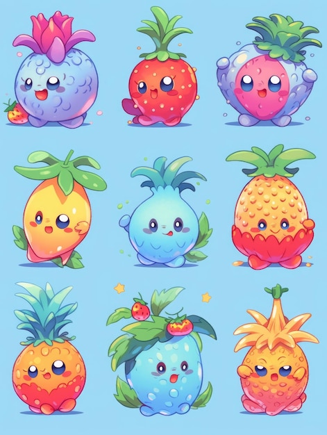 Foto ilustración de las frutas de dibujos animados en azul