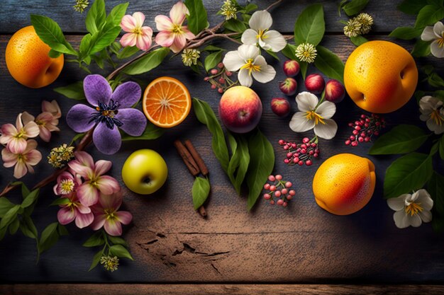 Foto ilustración de frutas y flores en una mesa de madera