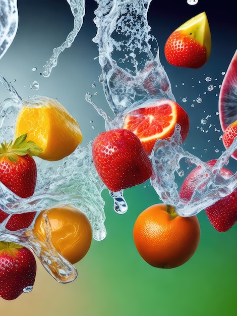 Ilustración de frutas que caen en un cuerpo de agua creando ondas y salpicaduras creadas con tecnología de IA generativa