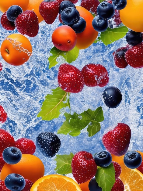 Ilustración de frutas que caen en un cuerpo de agua creando ondas y salpicaduras creadas con tecnología de IA generativa