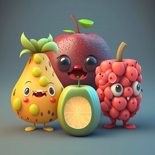 Foto ilustración de frutas sonrientes personajes animados imagen generada por ia