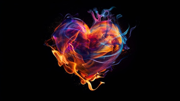 Ilustración de fuego colorido en forma de corazón concepto de arte abstracto vibrante