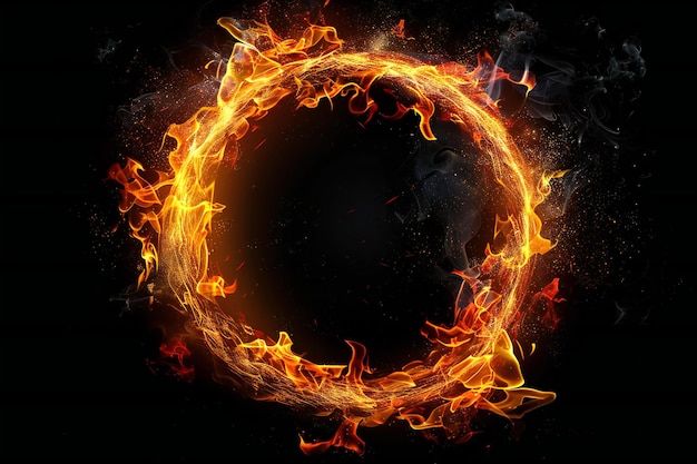 Ilustración de fuego en forma de anillo sobre fondo negro de alta resolución
