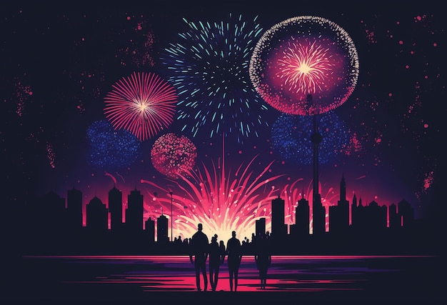 Ilustración de fuegos artificiales y celebraciones de año nuevo.
