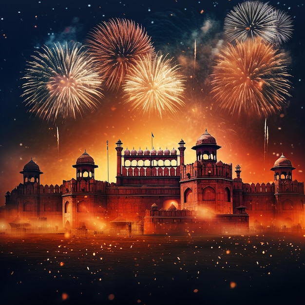 Ilustración del Fuerte Rojo de noche con fuegos artificiales India Tourism Attra