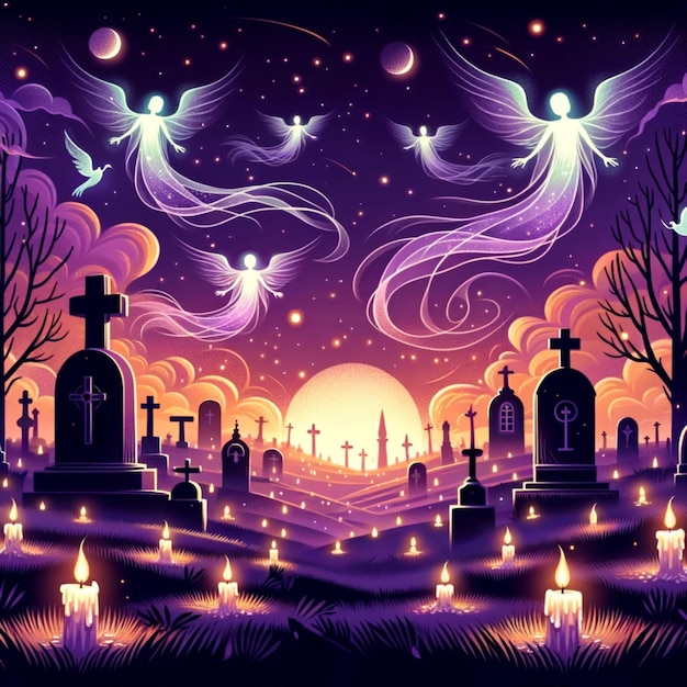 Ilustración de un funeral decorado con velas del día de muertos.