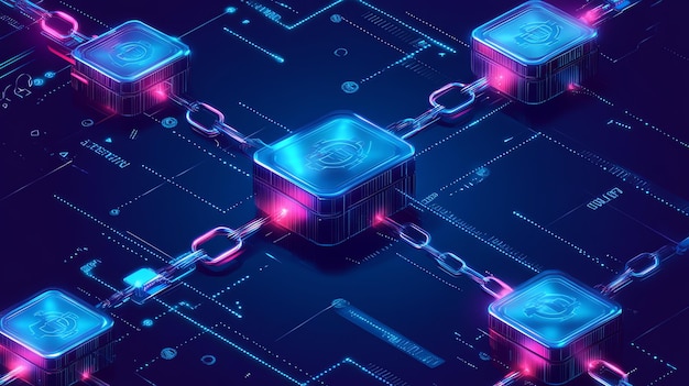 Ilustración futurista abstracta de una red blockchain con cubos azules y rosados brillantes conectados por cadenas