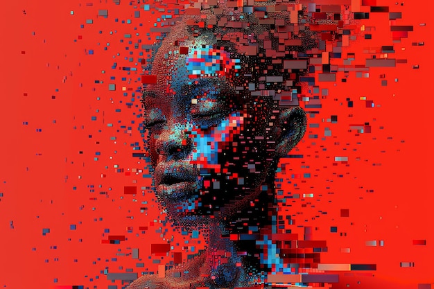 Foto ilustración futurista de la cabeza en el afrofuturismo efecto de glitch de estilo color iridescente
