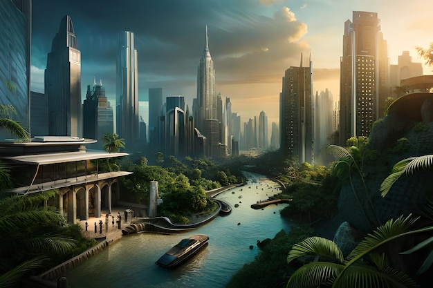 Ilustración futurista de la ciudad megaciudad cyberpunk ciencia ficción foto de alta calidad