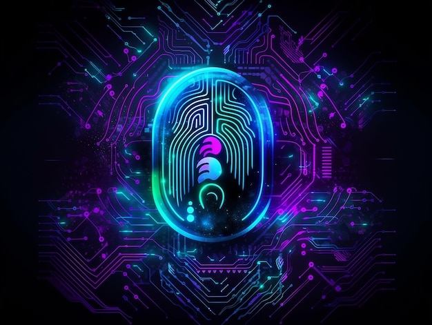 Ilustración futurista de neón de huellas dactilares el concepto de tecnología de seguridad cibernética que protege la seguridad y privacidad de los datos IA generativa