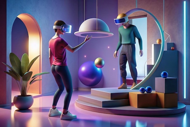 Foto ilustración futurista de una persona con gafas de realidad virtual y elementos en el fondo