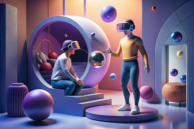 Ilustración futurista de una persona con gafas de realidad virtual y elementos en el fondo