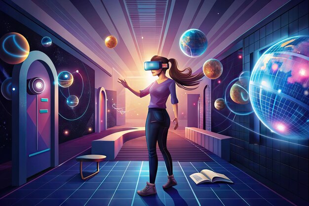 Foto ilustración futurista de una persona con gafas de realidad virtual y elementos en el fondo