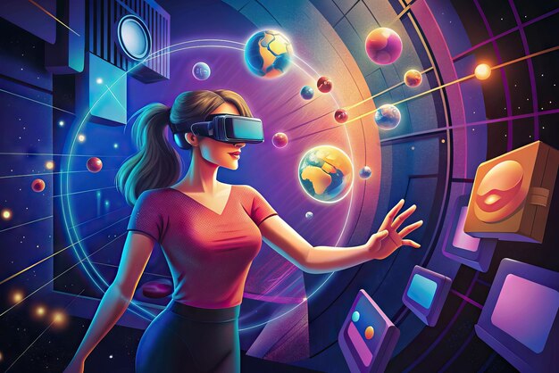 Foto ilustración futurista de una persona con gafas de realidad virtual y elementos en el fondo