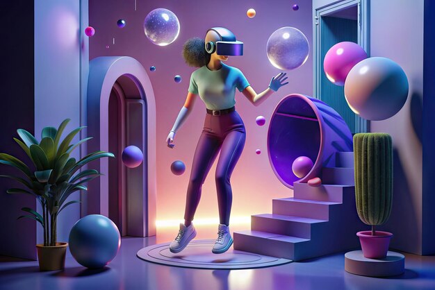 Foto ilustración futurista de una persona con gafas de realidad virtual y elementos en el fondo